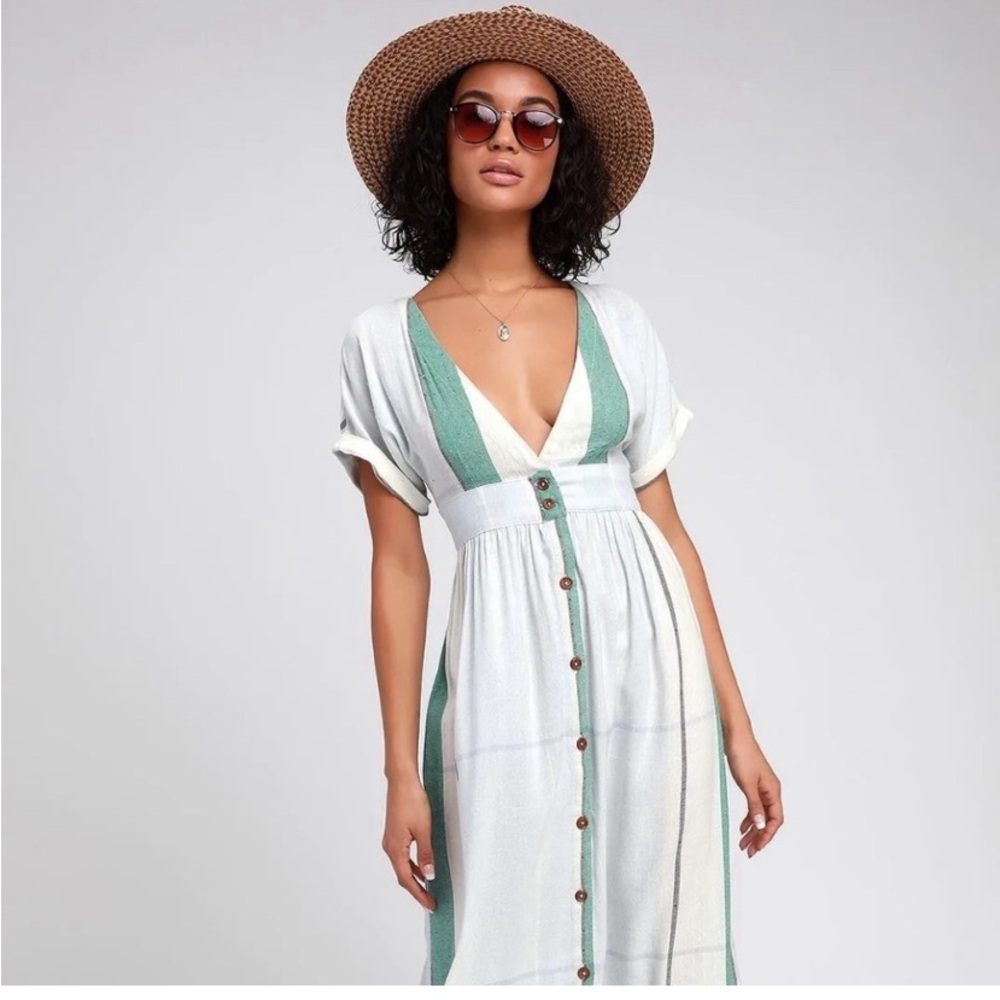 Stylish White and Green Button-Down Dress